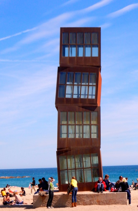 Great stacking boxes sculpture on beach