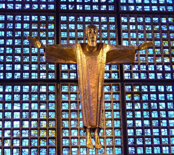the new chapel of Kaiser Wilhelm Church which was bombed during WWII; instead of rebuilding the church, a new chapel stands next to the old so that people don't forget