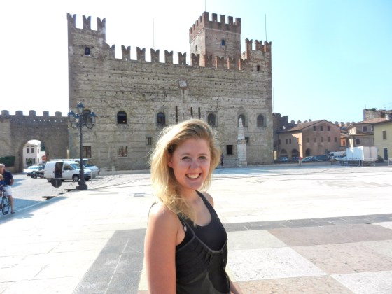 Lindsey poses on the giant chessboard, Marostica