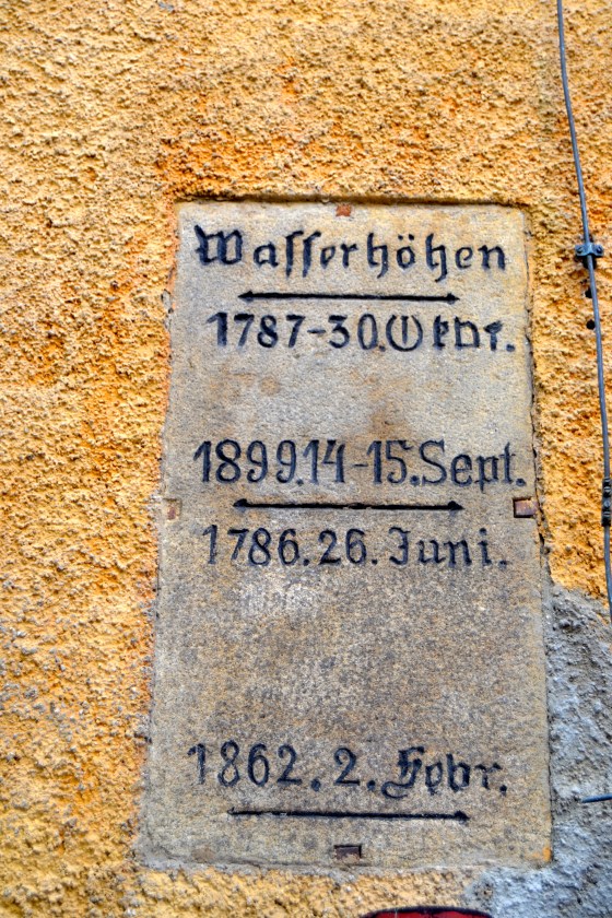 The buildings in Passau often include these plaques marking high water for different floods 