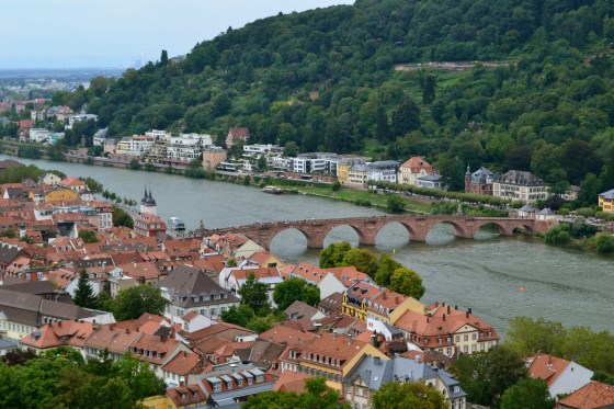 The Neckar River and old bridge as seen from Heidelberg Castle gardens