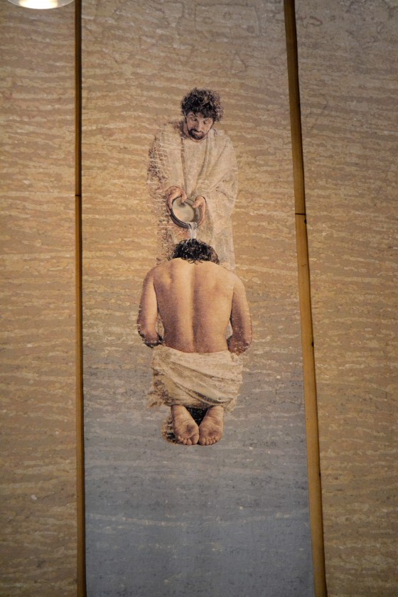 Stunning Belgian tapestry depicting the baptism of Christ hangs in the cathedral