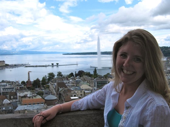 Lindsey high atop St Pierre's Cathedral with Lake Geneva in background