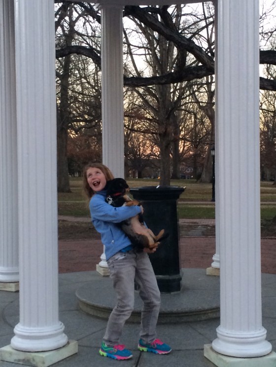 "I love all dogs.  Here I am at the Old Well with Nathan's dog Peetey."