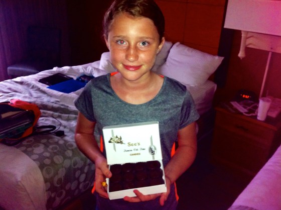 Stephanie brought a special treat for Lilly-a full box of scotchmallows from Sees Candies