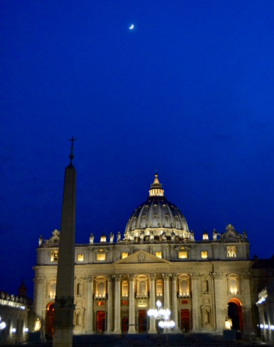 A nighttime view of St Peter's Basilica, Vatican, Rome